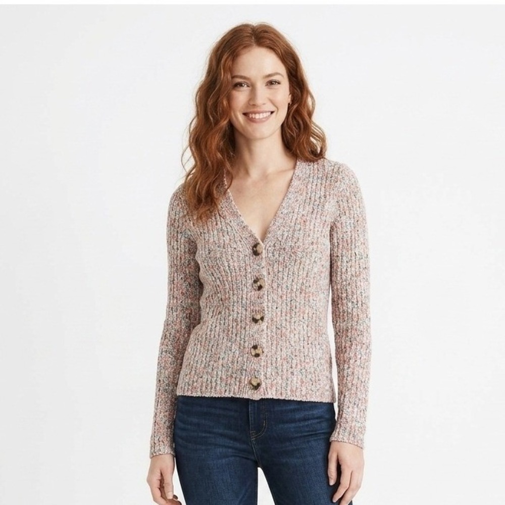 Madewell Space Dyed Ribbed Cardigan Sweater Multicolor V-Neck Button Front XS